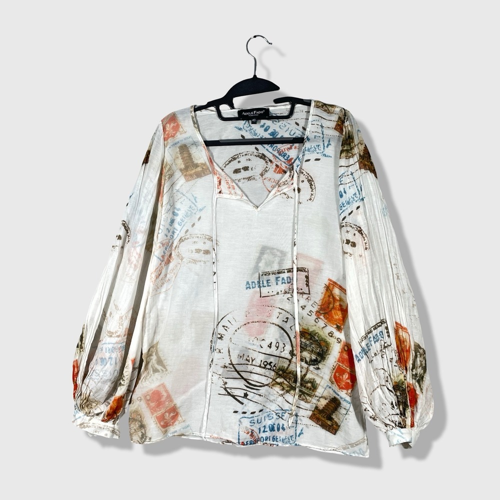 Adele Fado Blouse Womens 40 US M White Postcard Stamp Print Boho Travel Chic